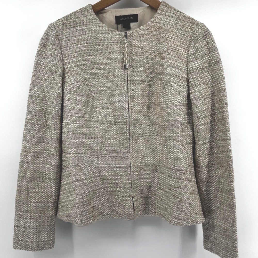 St John Champagne Peplum Metallic Tweed Zip Front Jacket Blazer Womens 8 Classic - Picture 2 of 10